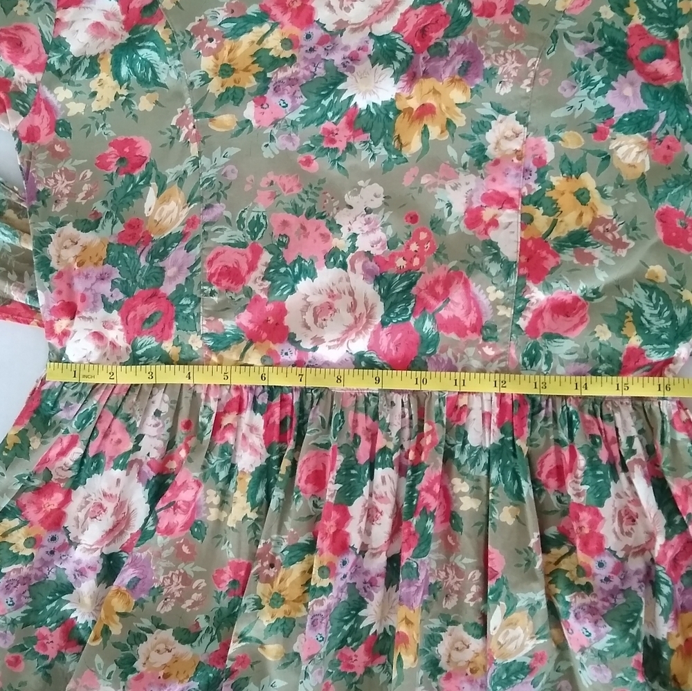 Vintage 90's Erika Cotton Green Multicolor Floral Cottage Midi Dress Sz Lg - Picture 9 of 9
